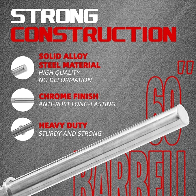 Available in 5FT and 7FT, Straight Barbell Bar, 1-Inch Standard Diameter, Alloy Steel, Black Finish, 300LBS Weight Capacity, Chrome Surface, Diamond Knurling, Anti-Skid Grip,