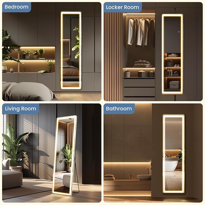 OLIXIS LED Full Length Mirror with Lights, Full Body 16x60 | Standing Lighted Floor, 3 Color Lighting, Wall Mounted Bedroom Bathroom Entryway, Tempered Glass