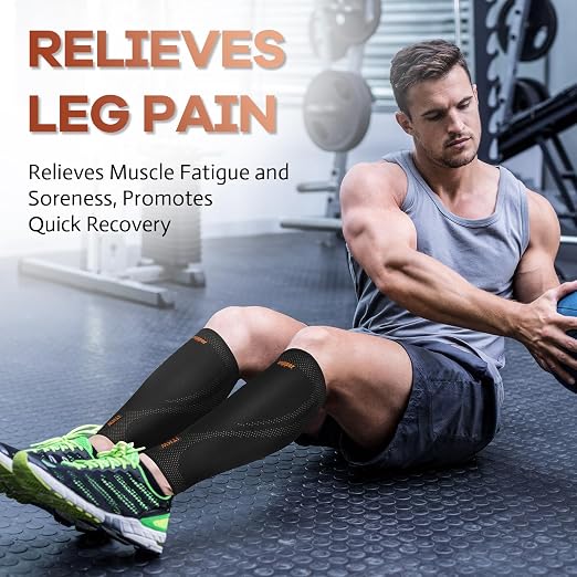 Copper Calf Compression Sleeves for Men Women, Shin Splint Relief, Grip | High Stretch Graduated Compression with Anti-Slip Grip | Breathable & Smooth Lining Footless Design for Runner Black