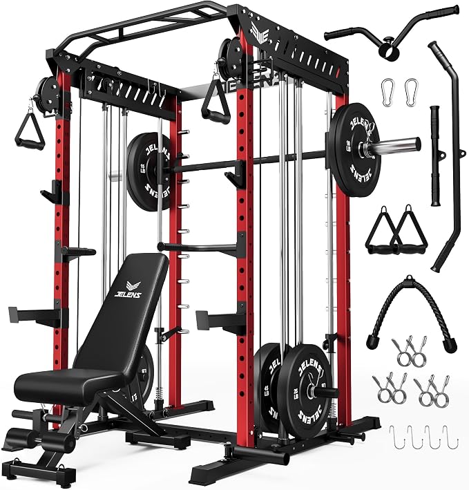 JELENS M21 Smith Machine, Multi-Function Power Cage with Dual Pulley Cable Crossover System, 2000LBS All-in-One Squat Rack with Smith Bar and Attachments for Home Gym