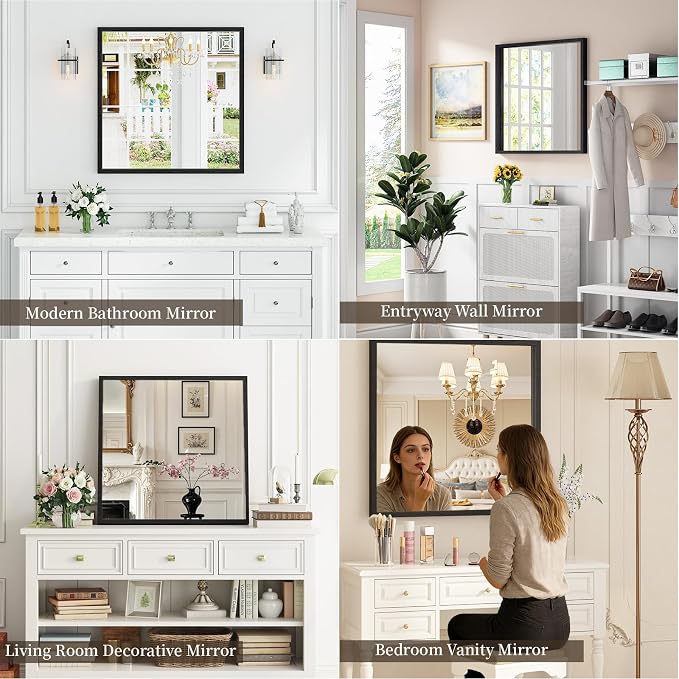 Syndra Square Black Wood Frame Bathroom Mirror, 32''x32'' Modern Vanity Mirror for Wall, Waterproof Slim Deep Frame, HD Tempered Glass Mirror for Living Room, Bedroom, Entryway, Rustic, Farmhouse