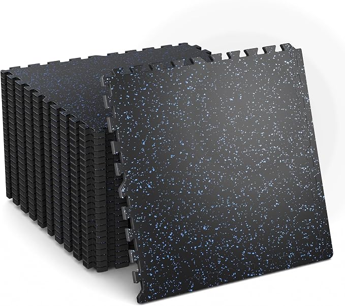 0.6" Thick 96 Sq Ft Rubber Top Gym Flooring Mats for Home Gym | Dual-layer Rubber & HD EVA, NO Warping, 24 Tiles, Supports Heavy Weight, Noise Reduction, Ideal For Crossfit & Dumbbells