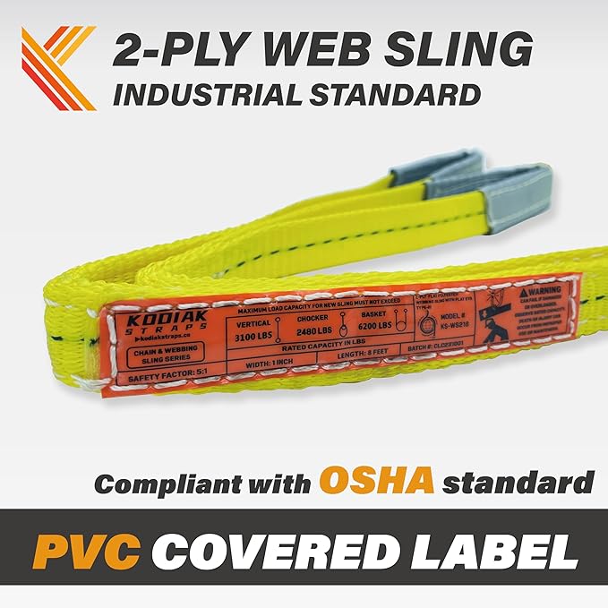 2-Ply Lifting Sling Straps 1”x 20ft - 3100lbs Vertical Capacity Heavy Duty Flat Eye Lift Sling, for Rigging Moving Towing Hoisting -1Pack - Kodiak Straps