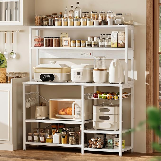 SUPERJARE Bakers Rack with Power Outlet, 47.2 Inches Coffee Bar with Basket | Kitchen Microwave Stand with 3 Level-Adjustable Open Shelves, with 6 S-Shaped Hooks, White