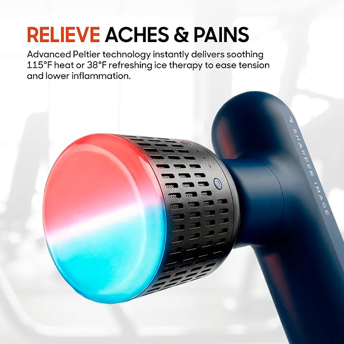 Sharper Image Deep Tissue Percussion Massage Gun, Powerboost Move Evo Hot & Cold Rechargeable Handheld Massager, 4 Adjustable Speeds, 5 Attachment Heads & Carrying Case, for Muscle Pain Relief, Blue