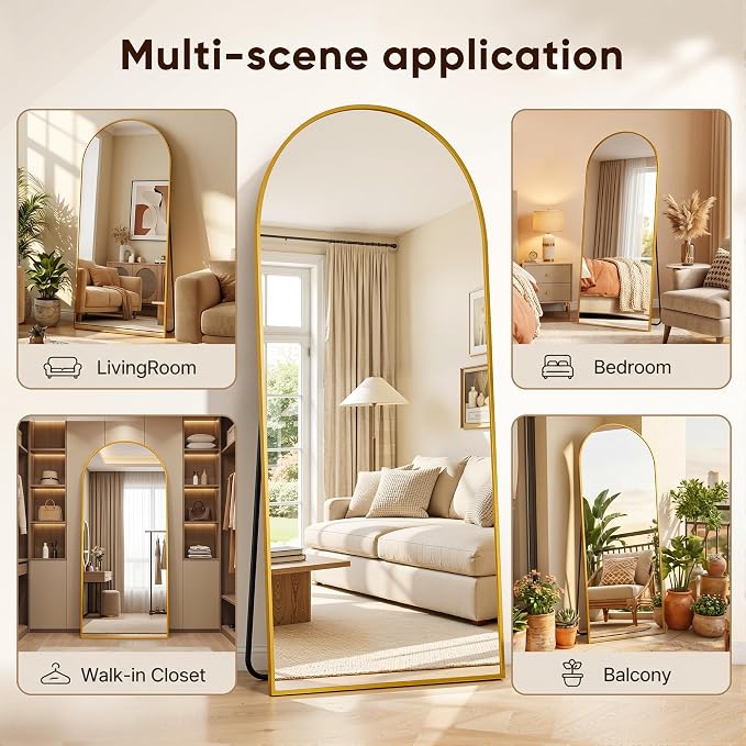 Full Length Mirror, 57"x19" Arched Floor Mirror Freestanding, Floor Standing Full Body Mirror with Stand for Bedroom, Hanging Mounted for Living Room Cloakroom, Gold