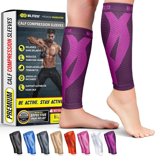 BLITZU Calf Compression Sleeves, Footless Compression Socks for Men & Women | Leg Support Brace, Shin Splint Pain Relief, Reduce Varicose Vein Swelling, Muscle Recovery, Running, Nursing, Fitness, Travel