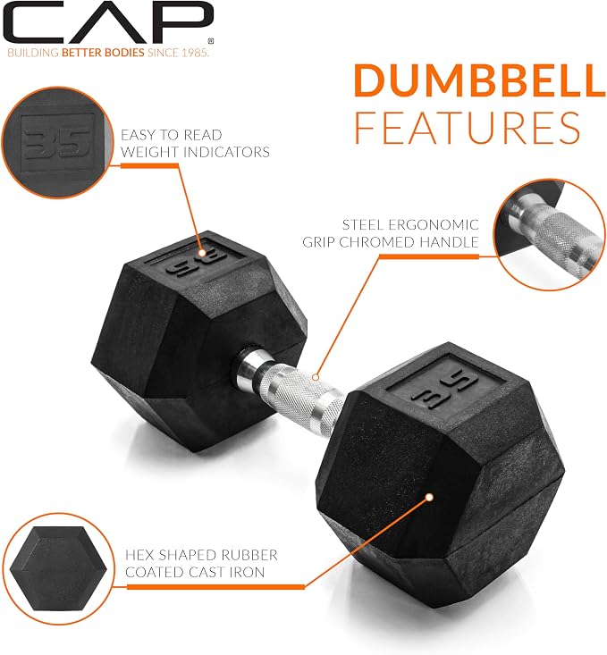 CAP Rubber Coated Dumbbell Weights, Free Weights for Home Gym Strength Training, Anti-Roll Hex Dumbbells with Black, Chrome & Comfort Grip Handles, Pairs & Sets
