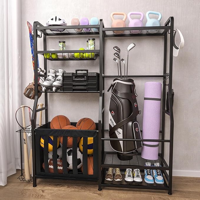 Faesun Garage Sports Equipment Organizer, Golf Bag Storage Rack, Heavy Duty Ball Holder with Basket & Hooks, Indoor/Outdoor Basketball Storage Bins for Toy Sports Gear Storage
