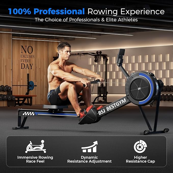 Rowing Machine for Home, Professional Adjustable Air Resistance Rower Machines with Self-Powered Monitor, 53.7'' Row Rail, Ergonomic Comfort Seat, Easy Storage