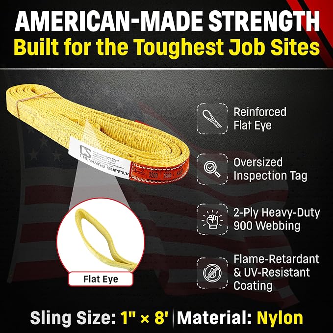 DD Sling 1 Inch x 8 Foot Nylon Lifting Sling – USA Made, 3,200 lb Vertical, 2,600 lb Choker, 6,400 lb Basket – 2-Ply Heavy Duty 900 Webbing, Type 3 Flat Eye & Eye Rigging Sling