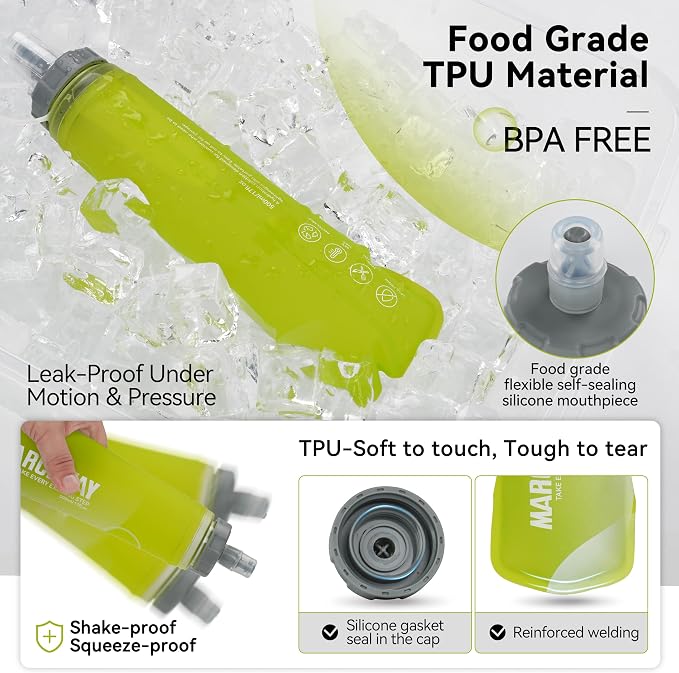 MARCHWAY Soft Hydration Flask with Wide Mouth, 300ml/500ml Collapsible TPU Water Bottle, Leakproof Portable Flexible for Running, Hiking, Cycling, Climbing, Gym, Travel (2pcs Yellow 300ml)