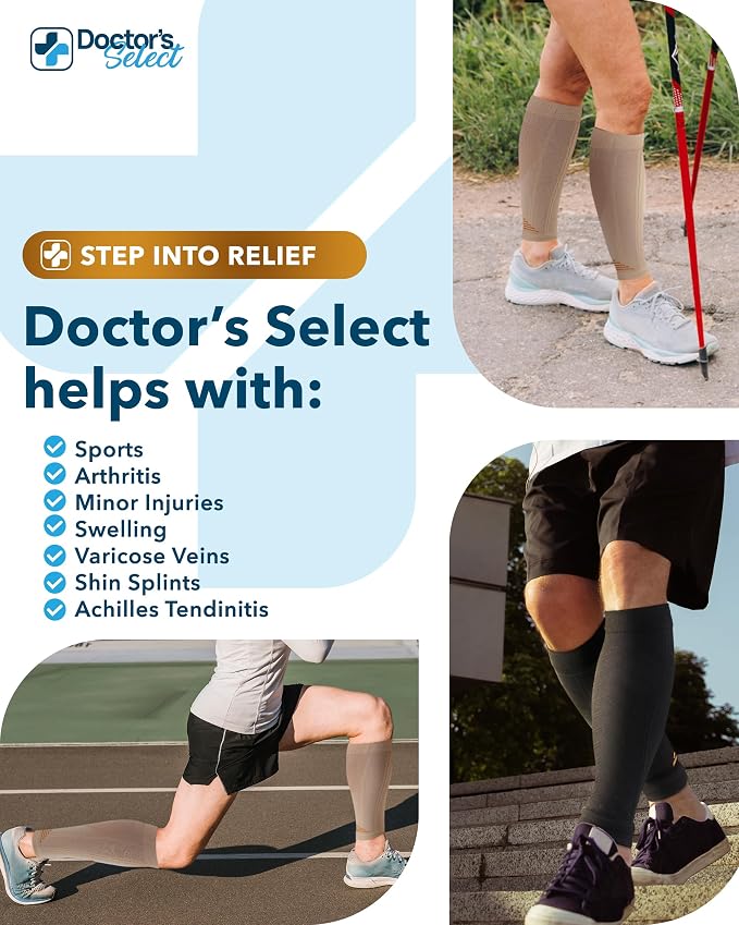 Doctor's Select 2 Pairs Copper Calf Compression Sleeve - Leg Compression Sleeves for Women & Men, Shin Splint Relief
