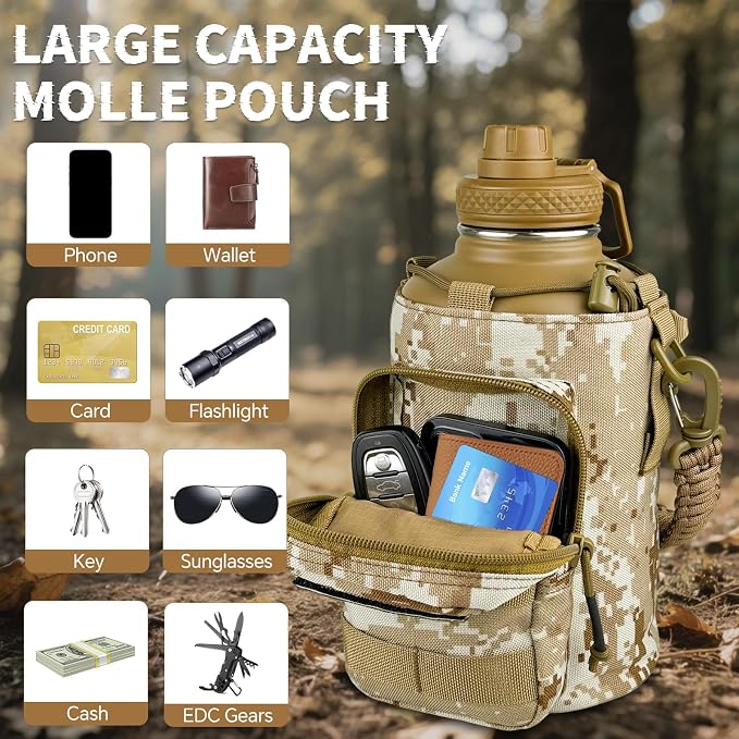 DEFUNX Half Gallon Water Bottle Insulated with Sleeve - Tactical 64 oz Stainless Steel Water Jug with MOLLE Water Bottle Pouch, Gym Water Bottles for Men Hiking Workout (Desert Digital Camo)