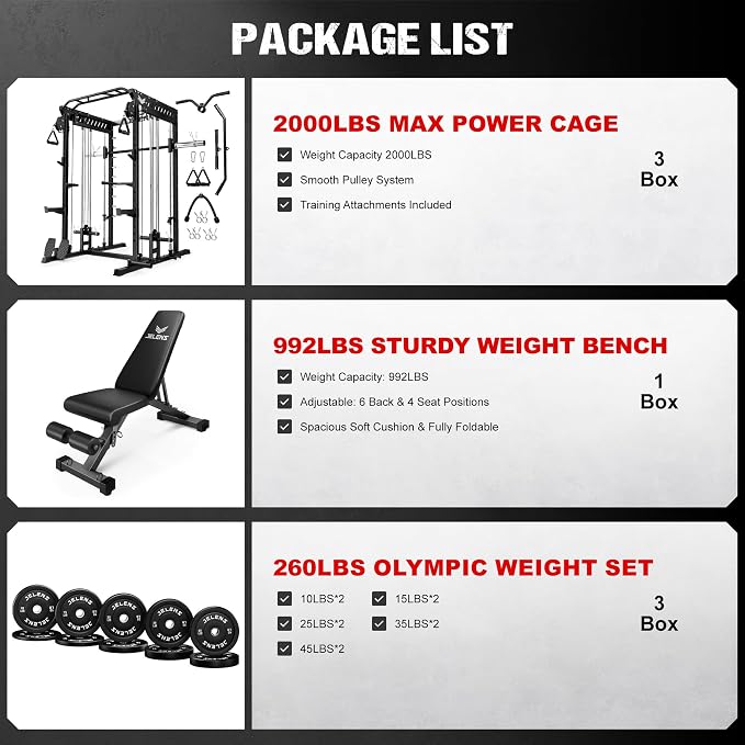 JELENS M21 Smith Machine, Multi-Function Power Cage with Dual Pulley Cable Crossover System, 2000LBS All-in-One Squat Rack with Smith Bar and Attachments for Home Gym