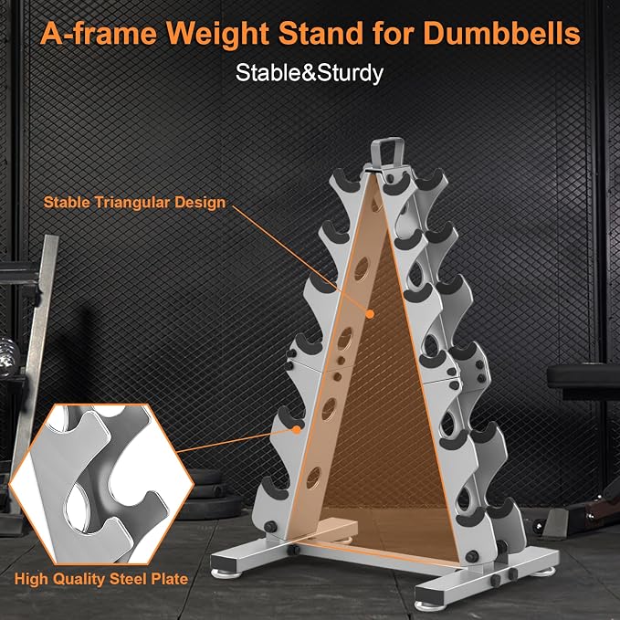 TomCare 6-Tier|5-Tier|4-Tier|2-Tier Dumbbell Rack Stand Only for Home Gym | Stable A-Frame, Fits 5–35 lb Dumbbells, Protective Padded Cradles, Adjustable Feet, Easy-Carry Handle (Stand Only)