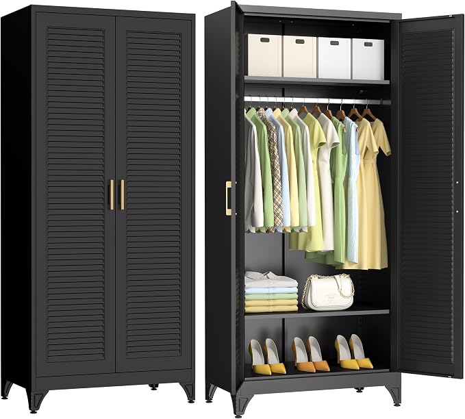 Polup 71" Tall Metal Armoire Wardrobe Closet with 2 Doors | Heavy Duty Steel Clothing Storage Cabinet with Hanging Rod & Adjustable Shelves, Locker Organizer for Bedroom, Office, Black