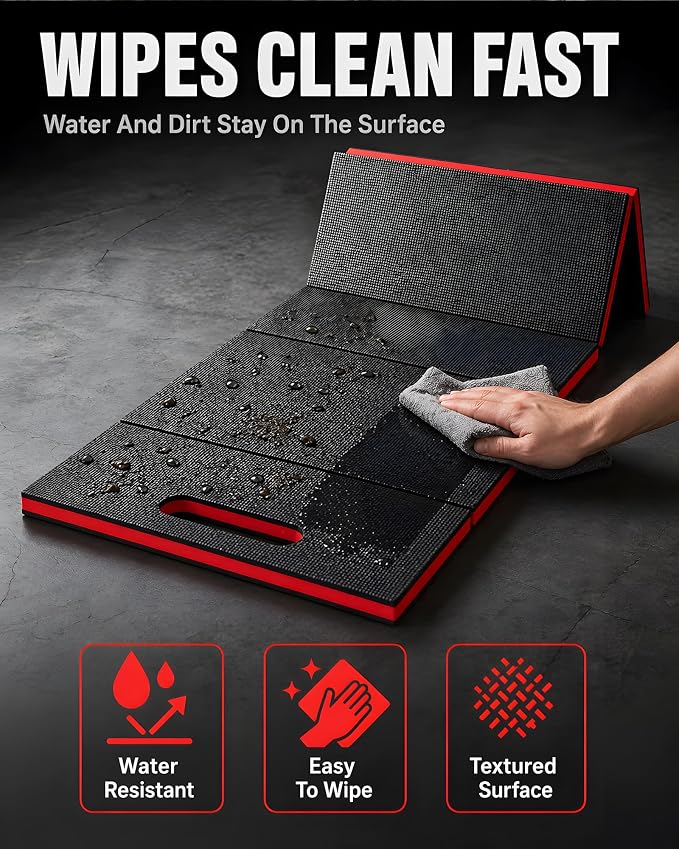 Folding Kneeling Pad, 1 Inch Thick Compact Mechanic Mat, Red | 47.24 x 15.74 Inch 6-Panel Firm Foam Pad with Carry Handle, Water-Resistant Textured Surface for Garage and DIY Work