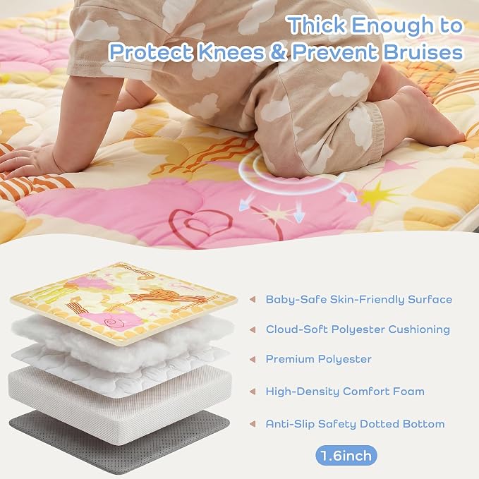 1.6" Thick Baby Play Mat, 71x59 Removable & Machine Washable Cover | Padded Memory Foam, Non-Slip Backing, 100% Baby-Safe Materials, Tummy Time Crawling, Outdoor, Bedroom, Living Room, Nursery