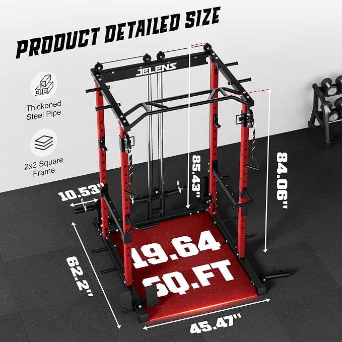 JELENS C12 Power Rack, 2000LBS Squat Rack with Cable Crossover System, Workout Cage with More Training Attachments for Home Gym