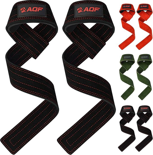 AQF Leather Weight Lifting Straps, Heavy Duty Wrist Strap for Powerlifting | Premium Suede Leather, Handcrafted Construction, Reinforced Dual Stitching, 3 mm thick & 66cm long, Sold as a Pair