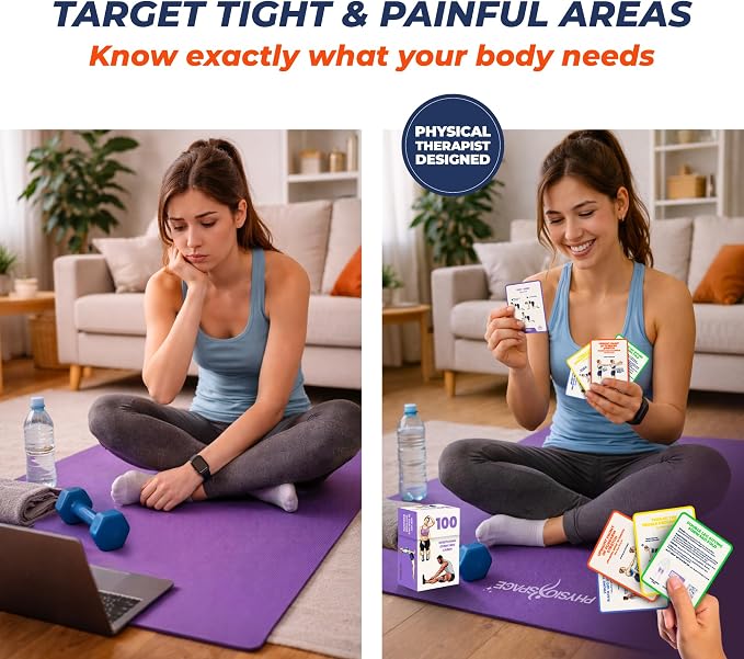 Stretching Exercise Cards – 100 Illustrated Flexibility and Mobility Flash Cards Designed by a Physical Therapist with Video Tutorials for Men and Women