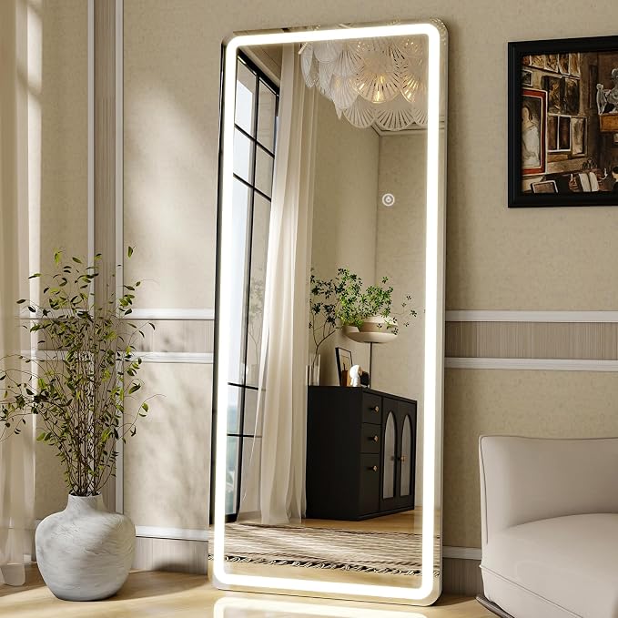 Led Mirror Full Length 24 x 65 Inch Tempered Glass | Full Body Mirror with Dimming & 3 Color Lighting Standing Leaning or Hanging Full led Mirrors for Bedroom Dressing Room Rect