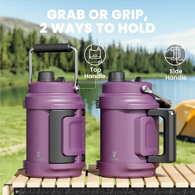 64 oz Insulated Water Bottle for Gym: Meoky Triple Wall Vacuum Stainless Steel Half Gallon Water Jug - Top and Side Handles, 2-in-1 Straw and Spout Lid, Cold for 36 Hrs, Leak Proof for Camping (Plum)