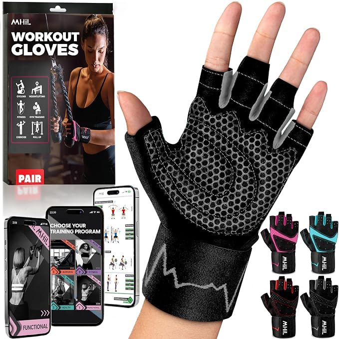 MhIL Workout Gloves for Women – Breathable Gym Gloves for Women with Palm Protection and Enhanced Grip – Padded Weight Lifting Glove for Womens with Wrist Wraps Support Weightlifting Exercise Cycling