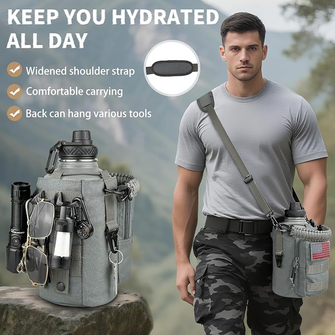 DEFUNX Half Gallon Water Bottle Insulated with Sleeve - Tactical 64 oz Stainless Steel Water Jug with MOLLE Water Bottle Pouch, Gym Water Bottles for Men Hiking Workout (Grey)