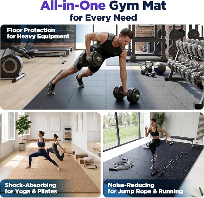 48 Sq Ft Rubber Top Gym Flooring for Home Gym, Black/White | 12 Tiles, High Density EVA Foam, Waterproof & Non-Slip Rubber, 0.4" Interlocking Puzzle Mats, Floor Protection, 24"x24"