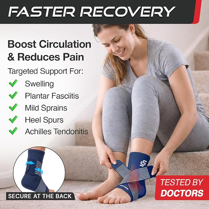 Sleeve Stars Ankle Brace for Women & Men, Ankle Wrap for Sprained Ankle, Compression Sleeve for Plantar Fasciitis Relief, Easy Customizable Support: w/Removable Strap (Pair/M:10"-12"/Navy Blue)