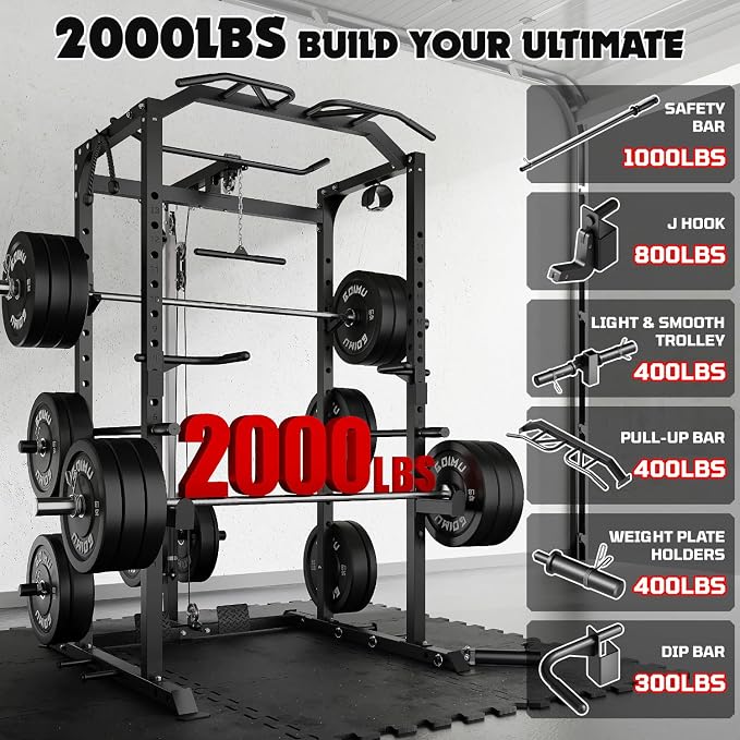 C1-V4 Power Cage, 2000LBS Squat Rack with LAT Pulldown, Multi-Function Weight Cage Strength Training Machine, Workout Cage with More Attachments for Home Gym Garage