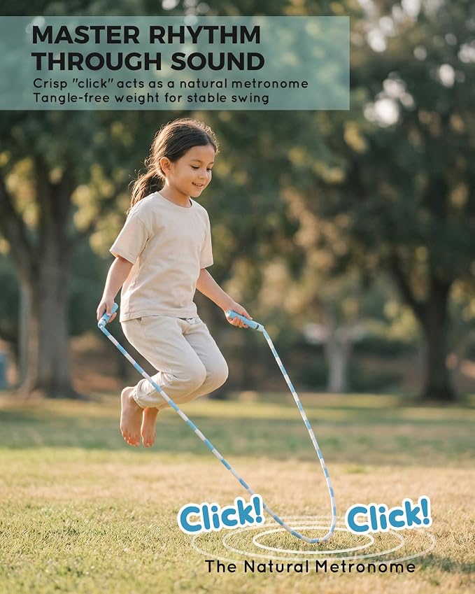 YUEDONG Ultra-Soft Beaded Jump Rope with Tangle-Free TPU Beads for Kids | Soft TPU beads, thumb-groove grip, rhythmic click sound, waterproof name tag, carry bag, for kids at school and outdoors