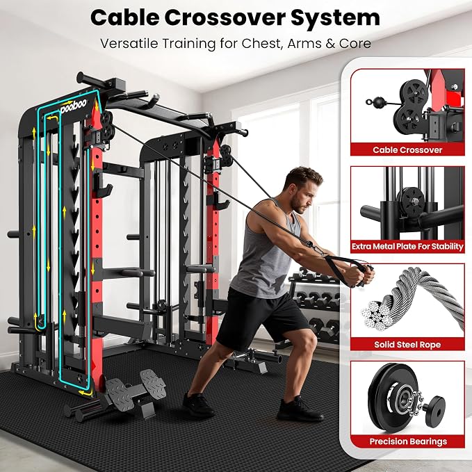 pooboo Multi-Functional Machine Power Cage, 2000LB Squat Rack, LAT-Pull Down System, Dual Pulley Cable Crossover System, Home Gym Workout Machine with Strength Training Attachments