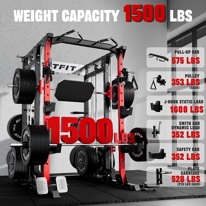 RitFit Buffalo Smith Machine, Power cage with LAT-Pull Down System & Cable Crossover System, All-in-One Squat Rack for Home Gym, Power Rack