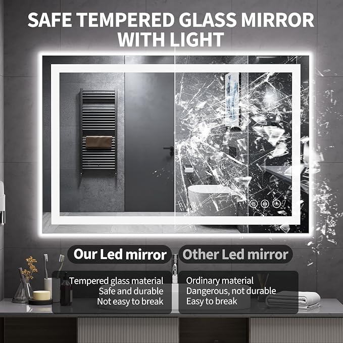 Koonmi 48x32 LED Bathroom Mirror with Light, Anti-Fog, 3 Colors | Backlit + Front Lit, Dimmable Brightness, Shatterproof HD Distortion-Free Tempered Glass, Hardware Included