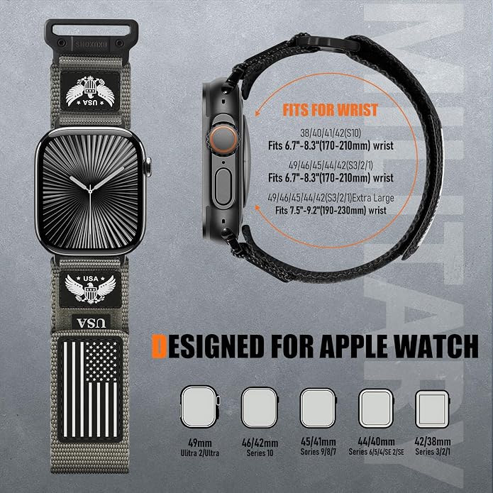 Rugged Nylon- Compatible with Apple Watch Ultra 3/ Ultra 2 Band 49mm Men,Tactical Soft Woven Stars- Stripes Flag Sport Strap for iWatch Bands 46mm 45mm 44mm 42mm Series 11 10 9 8 7 6 5 4 3 2 1 Se