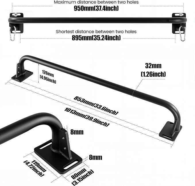 Wall Mounted Pull Up Bar, Carbon Steel Doorway Chin Up Bar for Home Gym | Reinforced plate supports fit joists and studs, creating a stable space-saving upper-body strength training station.