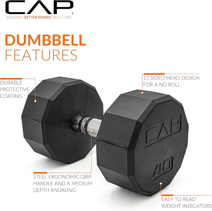 CAP Rubber Coated Dumbbell Weights, Free Weights for Home Gym Strength Training, Anti-Roll Hex Dumbbells with Black, Chrome & Comfort Grip Handles, Pairs & Sets