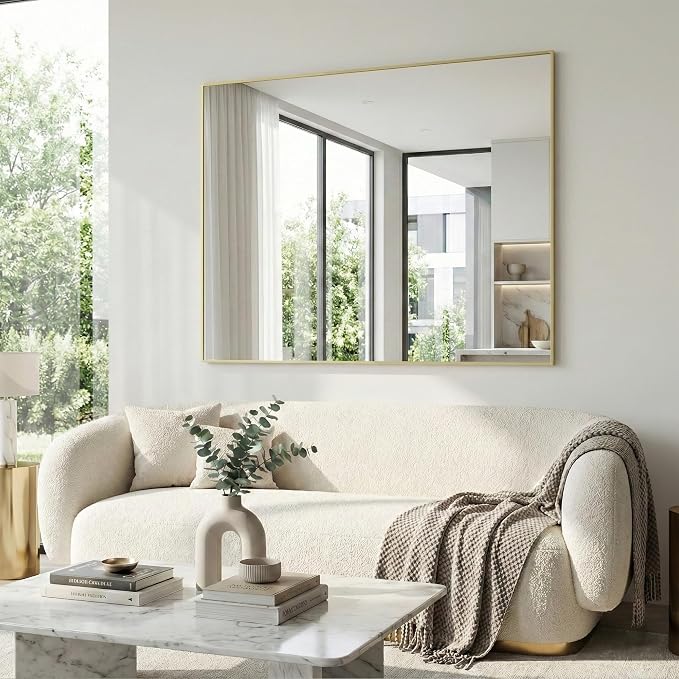 36" x 48" Gold Wall Mirror for Bathroom, 48" x 36" Oversized Rectangular Accent Decor, Large Metal Framed Mirror for Dining Room & Vanity