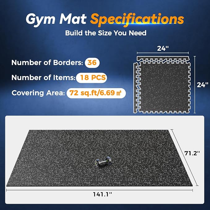 SUPERJARE 1" Extra-Thick Rubber Top Exercise Mat, Puzzle Gym Flooring for Home Gym, Gym Mat for Workout Equipment, Interlocking Floor Tiles with EVA Foam, 18 Pcs 72 Sq Ft, Black/Grey