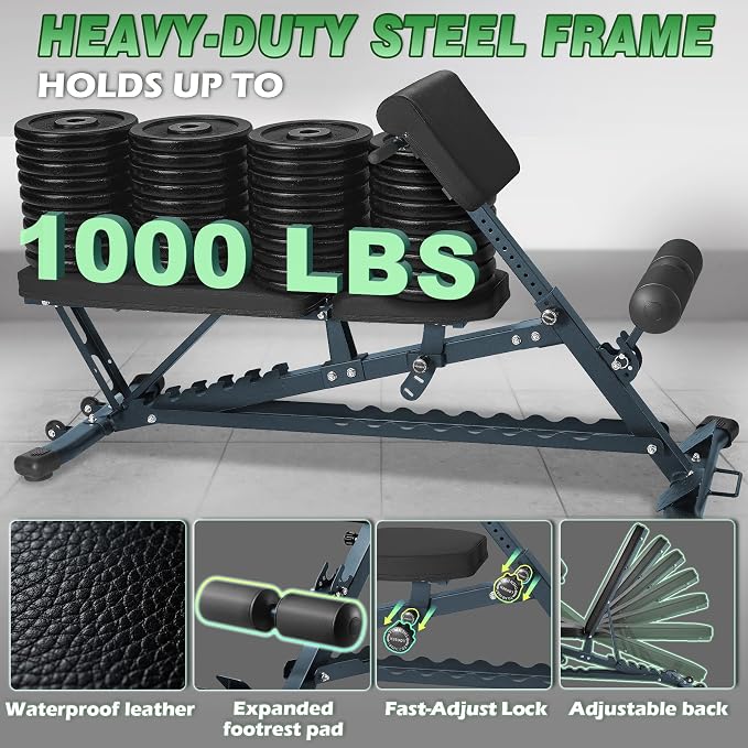 1000 LBS Adjustable Weight Bench with Roman Chair 75°to -20°FID | Utility Workout Bench for Home Gym Sit Up/Decline/Incline Bench Press Exercise Equipment Strength Training