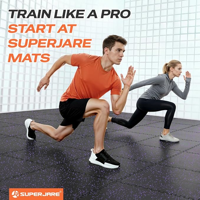 SUPERJARE 0.56'' Thick 36 Pcs 144 Sq Ft Rubber Top Exercise Equipment Mats, High Density EVA Foam Mats with Rubber Top, Interlocking Gym Flooring for Home Gym, Protective Workout Mat, Black/Purple