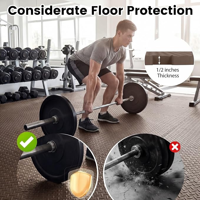 Tangkula 36 Tiles Exercise Flooring Mats with Border, Non-Slip EVA Foam Protective Mats, Elastic Puzzle Play Mats, 1/2" Interlocking Floor Mats for Home Gym, Fitness Room (Brown)