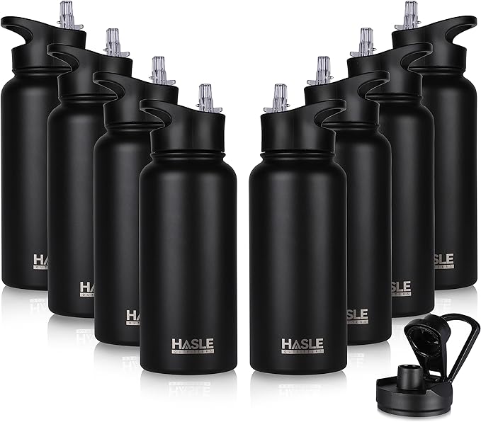 HASLE OUTFITTERS 32 oz Insulated Water Bottle Stainless Steel Double Walled Vacuum Sports Water Bottle with 2 Lids (Straw and Spout Lid) for Gym Camping Hiking(Black,8)