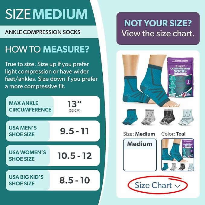 BraceAbility Athletic Ankle Compression Socks for Men or Women - Toeless Running Ankle Brace Support Sleeves for Sports, Workout, Plantar Fasciitis, Achilles Tendonitis, Foot Pain Relief (M - Teal)