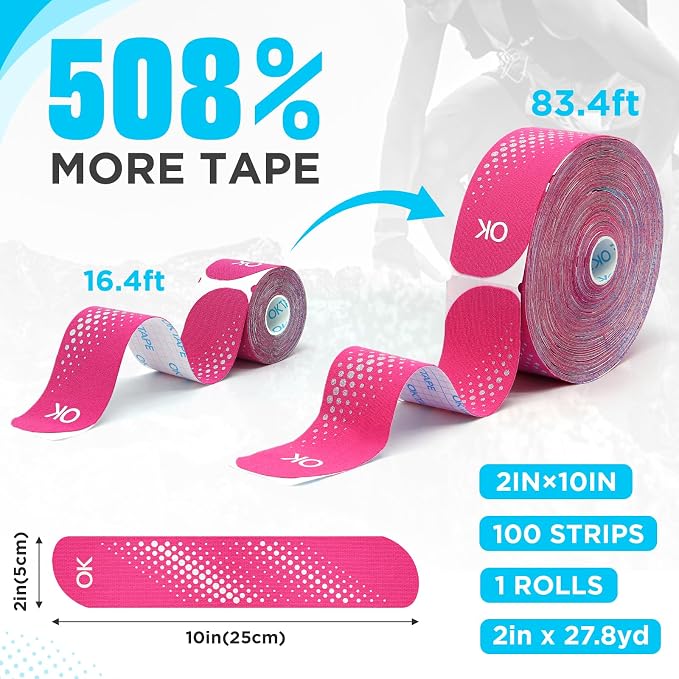 OK TAPE Kinesiology Tape Synthetic Precut 100 Strips 2inch x 27.8yd 1 Roll | Waterproof Kinesiology Athletic Tape for Joint & Muscle, Wrist Support, Reflective and Durable Tape Pink
