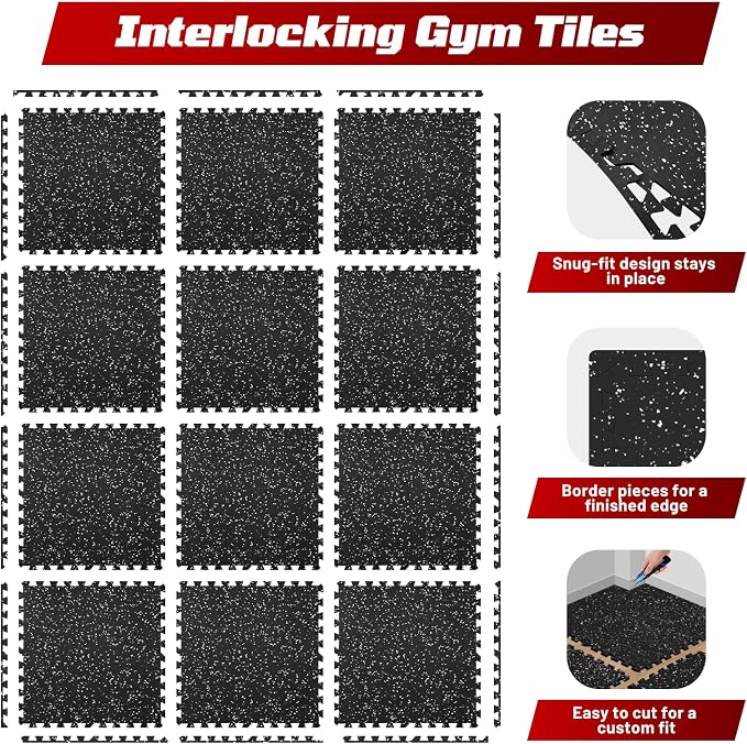 Interlocking Exercise Equipment Mats, 0.56" Thick 12 Tiles (48 Sq Ft) - Rubber Top Gym Flooring with High Density EVA Foam, Heavy Weight Workout Mats for Home GymFloor Protection,Black/White