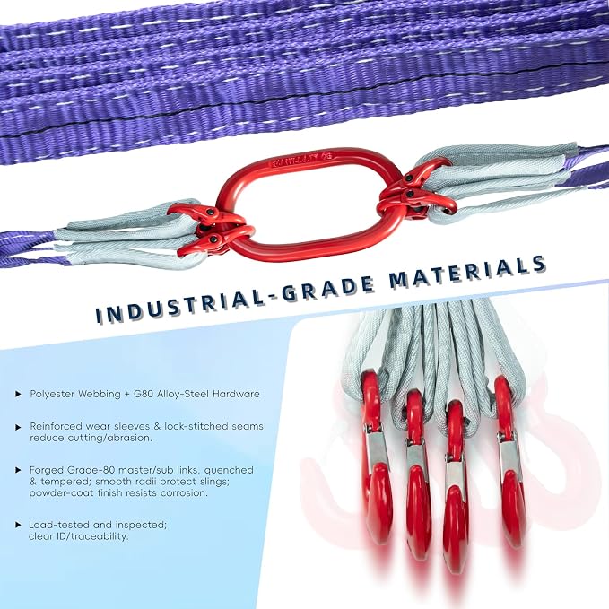 10 ft 4-Leg Web Bridle Lifting Sling, 8800 lb WLL